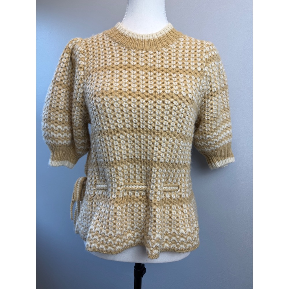 Anna Cate Alexa Sweater Tan Cream Striped Short Sleeve Chunky Knit Medium